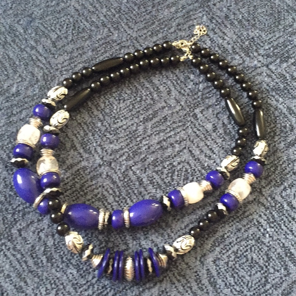 Blue and black beaded necklace